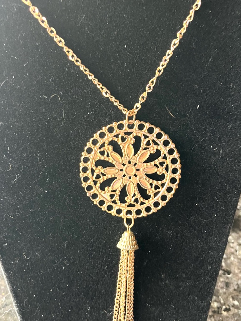 Goldtone Floral Medallion Tassel Pendant Necklace - Women Jewelry